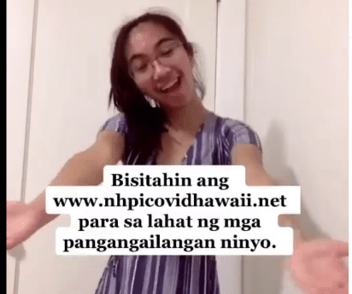 Screenshot of a woman with arms outstretched sharing the link. It reads ʻBisitahin ang [website address] para sa lahat ng mga pangangailangan ninyo.ʻ